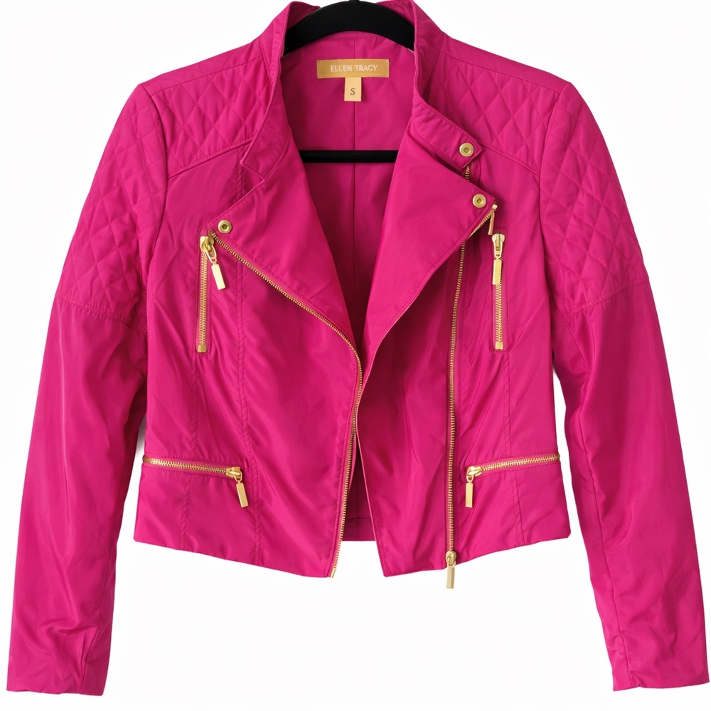 Ellen Tracy Pink Moto Jacket Quilted Gold Zip Small NWT